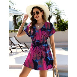 Ekouaer Womens Swimsuit Coverup Short Sleeve Beach Cover Up Dress V Neck Bikini Beachwear