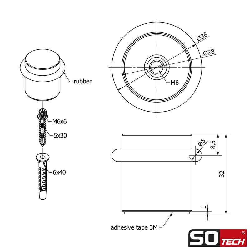 SOTECH Set of 2 Steel Door Stoppers Floor Mounting (Diameter