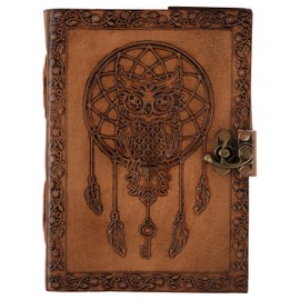 Leather Journal 7 x 5 Inch 220 Page Journal, Vintage Owl Embossed Blank Book, Sketchbook, Notebook Leather Journal (Handmade Unlined Paper) Pocket style with Lock Closure for Men and Women (Vintage