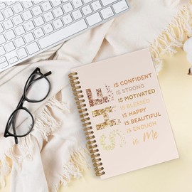 QLMX Inspirational She Is Me Spiral Notebook, Beige Gold Self Care Journal Notebook, Self Love Notebooks for School Work, Positive Affirmations Office Supplies Gifts for Women Girls, 5.5x8.3 Inch