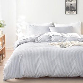 Wake In Cloud - Striped Comforter Set, Ticking Stripe Vertical Pinstripe Neutral Farmhouse Pattern Printed, Soft Lightweight Bedding, 3 Pieces, Gray, Twin/Twin XL Size