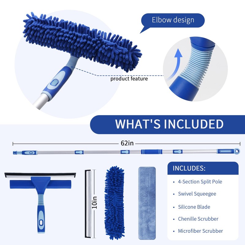 LOMIDA Professional Window Squeegee Kit - 62" Lightweight Aluminum Pole,
