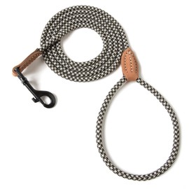 Mile High Life Small Dog Leash, Thin Rope Leash with Genuine Leather Connection and Heavy Duty Metal Clasp, Great for Small Medium Dogs(Black Khaki,48 Inch-1/3)