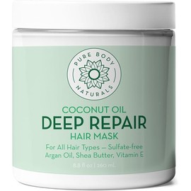 Pure Body Naturals Coconut Oil Hair Mask, Deep Conditioning Hair Treatment for Dry Damaged and Color Treated Hair, Sulfate Free Hair Conditioner, Moisturizes, Repairs, 8.8 Fl Oz
