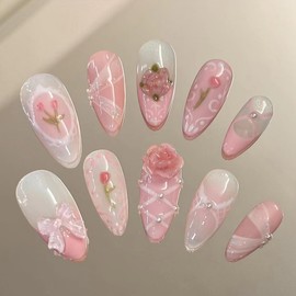 UEYRSEDB Pink Flower Press on Nails Medium Almond Fake Nails with Spring Flower Bow Rhinestones Charms Design Pink French Tip Glue on False Nail Spring Cute Artificial Stick on Nail for Women 24Pcs