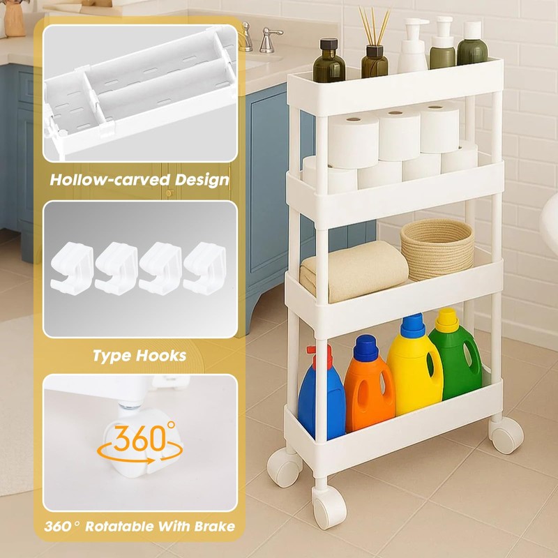 ShellKingdom 4 Tier Bathroom Storage Organizer, Slim Rolling Storage Cart