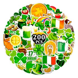 Celaza 200pcs St.Patricks Stickers, Self-Adhesive Stickers with Shamrocks Clover Gold Coin Sticker, St.Patricks Day Goodie Bags Fillers for Kids Gifts Wraps Decorations Ornaments