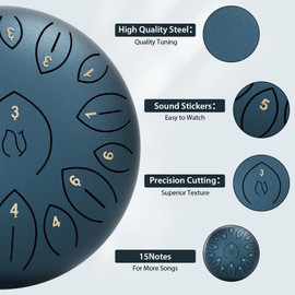 Steel Tongue Drum 12 Inch 15 Notes, Steel Drums Instruments for Kids Adults, Hand Pan Drum with Music Book, Drum Mallets and Carry Bag, Handpan C Major, Navy Blue