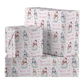 Hunts England - 2 Sheets Of Baby Girl 1st Christmas Snowman Fun Wrapping Paper - For Baby Girl - Pink - Includes 2 Gift Tags - Festive Collection - 1st Christmas With New Baby Girl - Cute Snowman