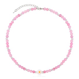 NEKOL Bohemian Pink Beaded Necklace for Women with Cute Daisy Charm Crystal Gemstone Beads Choker Necklace Glass Beads Y2K Preppy Statement Necklace Adjustable Boho Summer Beach Jewelry