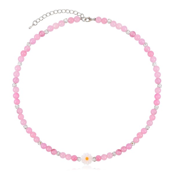 NEKOL Bohemian Pink Beaded Necklace for Women with Cute Daisy