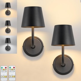 Wall Sconce Set of Two,Black Battery Sconces with Remote,3 Color Temperatures Rechargeable Wireless Wall Lights,Dimmable Battery Powered Lamp for Bedroom Living Room Hallway