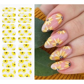 JMEOWIO Gel Nail Stickers Sunflower Daisy Flower Semi Cured Gel Nail Strips Wraps UV/LED Nails Art Design Decoration Accessories