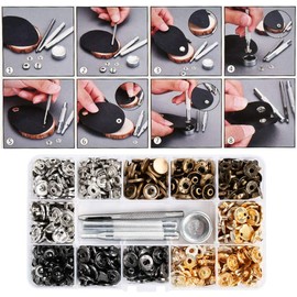 ZOYUBS Leathercraft Caulking Tool Set, Leather Craft Hammer Kit, Caulking Button, Hook, Snap Button, Studs, Bottom Tack, Rivet Parts, DIY Bag, Belt, Drilling, Punching Base, Button, Round Shape, 0.5 inch (12 mm), Double-sided Tools, 4 Types of Hooks (Gol