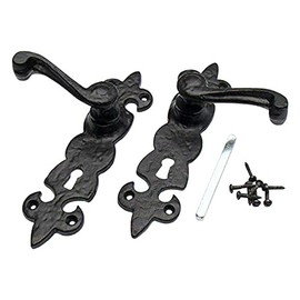 Merriway BH01855 Black Antique Fleur-de-Lys Design Lever Lock Door Handles, 195 mm x 50 mm