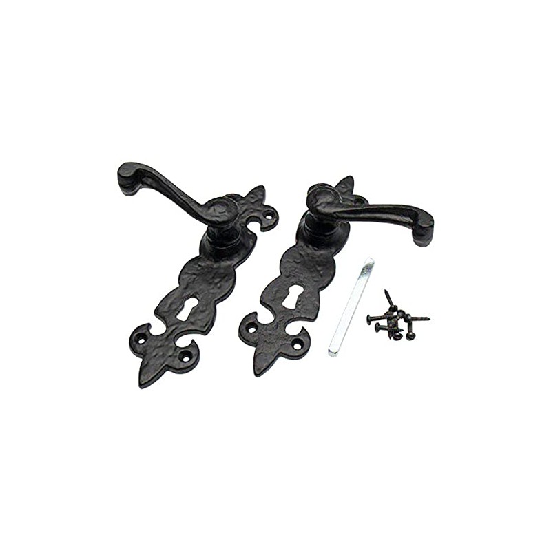 Merriway BH01855 Black Antique Fleur-de-Lys Design Lever Lock Door Handles,