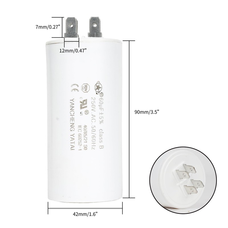 YATAI CBB60 Capacitor 60uF 250V AC, 4-Tab Motor Run Capacitor,