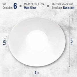 Bormioli Rocco Prometeo 9" Opal Glass Soup and Pasta Plates, White, Set of 6