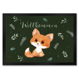 speecheese Baby Fox Doormat in Green 35 x 50 cm with Saying Welcome A Decorative Door Mat for the Christmas Season Christmas Forest Saying Doormat
