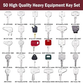 MOUNTPARTS 50 Heavy Equipment Keys Set Kubota JCB Cat Yanmar CASE JD Volvo Bobcat Komatsu