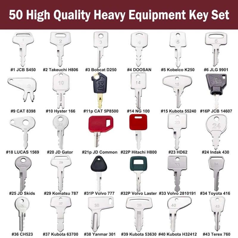 MOUNTPARTS 50 Heavy Equipment Keys Set Kubota JCB Cat Yanmar