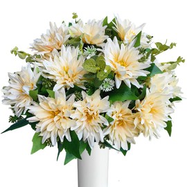 Raxcelivia Pack of 3 - Artificial Dahlia 10 Heads Flowers Full Blooms Bouquet Silk Dahlia with Greenery for Wedding Bridal Bouquet Table Centerpieces Floral Arrangements Home Office Decor (Champagne)