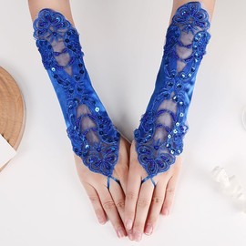 Specell Fingerless Black Leather Gloves Silver,Wedding Gloves,Sheer Gloves,Lace Glove White,Lace Fingerless Gloves Women, Fingerless Satin Gloves(Blue)