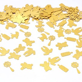 Baby Shower Confetti, Gold Table Scatter, Pram, Bottle, Teddy, Rattle, Babygrow, Pearlescent Card Decorations