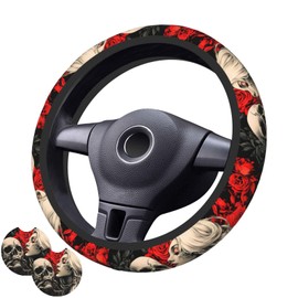 Beauty and Skull Steering Wheel Cover with 2 Car Coasters Non Slip Neoprene for Women Men Universal 15 Inch Stylish and Practical Set
