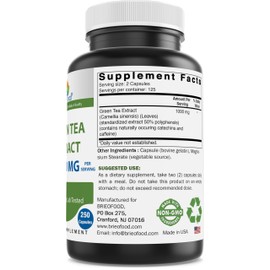 Brieofood Green Tea Extract 1000 mg per Serving (Min 50% Polyphenols) - 250 Capsules - 3rd Party Lab Tested for Purity & Quality