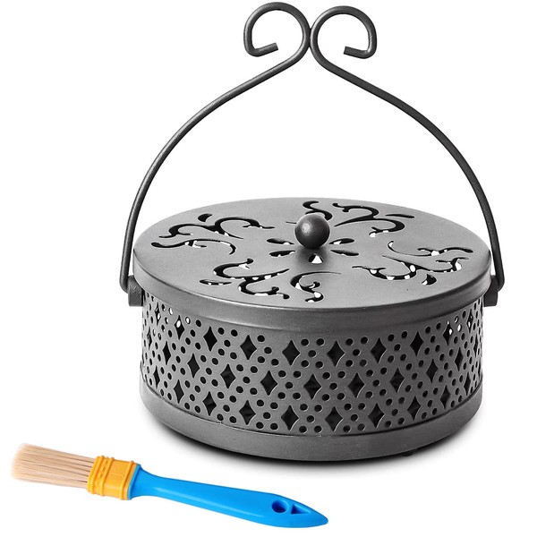 Yixintech Retro Portable Mosquito Trap Incense Holder with Cleaning Brush with Handle Round Mosquito Repeller Hanging Iron Mosquito Trap Holder for Camping Indoor Outdoor (Black)