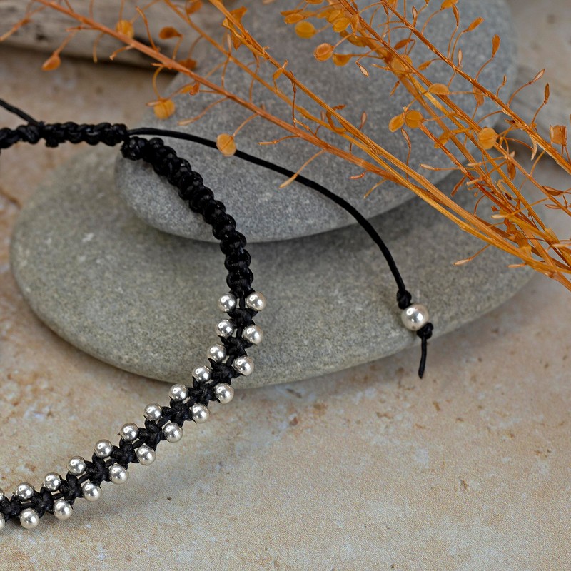 Tuscany Silver Beaded Black Friendship Rope Bracelet