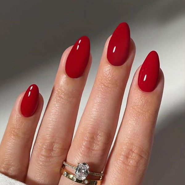Red Press on Nails Medium Almond Fake Nails Solid Color