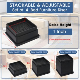 MYMULIKE Bed Risers 1 inch, Set of 6, Stackable Bed Furniture Lift 1, 2 inch, Adjustable Heavy Duty Bed Lifts Risers with Rubber Pad for Sofa, Bed, Table, Couch & Chair