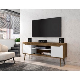 Manhattan Comfort Bradley Mid Century Modern TV Stand for Televisions up to 60 Inches, Living Room Entertainment Center with Storage, Media Shelves and Soft Close Doors, Rustic Brown/White