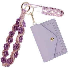 BIHRTC Boho Wristlet Bracelet Wallet with Handmade Net Chapstick Holder Handmade Daisy Flower Keychain Wrist Lanyard Keyring Floral Bangle Keychaind for Women Car Key Keyring Holder, Pink Purple,