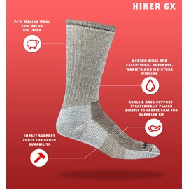 J.B. Field's Hiker GX 74% Merino Wool Hiking Crew Sock, All Season, Trekking & Outdoor Activity, 3 Pairs (X-Large) Assorted (Gray/Taupe/Black)