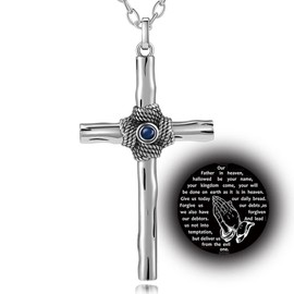VISILOVE Cross Necklace with Lord' s Prayer and Praying Hands Crucifix Necklace (Stainless Steel White LP)