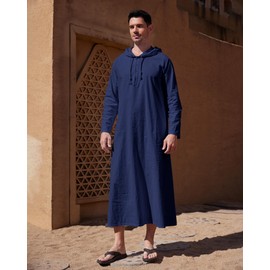 YAOHUOLE Mens Kaftan Abaya Islamic Causal Drawstring Hood Soft Dubai Arab Jalabiya Gown Butto Down Robes Dark BlueL
