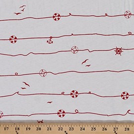 Cotton Jersey Knit Nautical Anchors Helm Life Preservers Fabric by The Yard- White (8757F-6M)