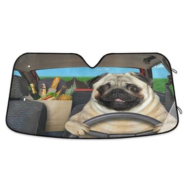 Pug Dog Driving Car Parabrisas Delantero para coche, Parasol de coche, divertido acordeón plegable para coche, bloquea los rayos UV, protector de visera solar