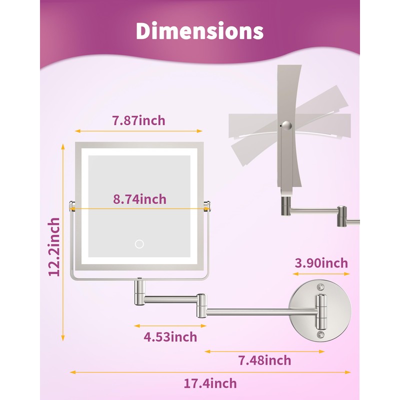 WZKALY Rechargeable Wall Mounted Makeup Mirror with Lights, 4000mAh Double