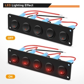 GOOACC 5 Gang 3 Pin Rocker Switch Panel 20A Waterproof On Off 12V Red Toggle Switch for Cars Trucks Boats, 2 Years Warranty