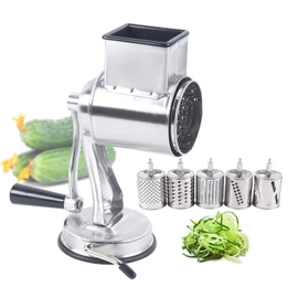 KONKENIE Food Rotary Grater with 5 Blades Hand Cheese Grater Drum Slicer Cutter Crank Vegetable Chopper Stainless Steel Shredding Machine Slicing Tool for Home Kitchen Silver (3.97 * 8.8in)