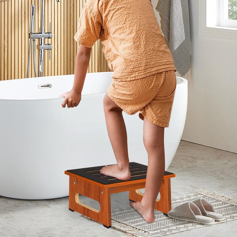 One Step Stool for Bed, Wooden Step Stool with Non-Slip