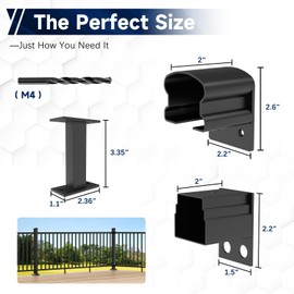 Egadis 4 Pack Aluminum Deck Railing Bracket Connector with Level Foot & Drill, Fixed Railing Bracket, Black Textured AAMA 2604 Powder-Coat Finish Railing System (Level Bracket)