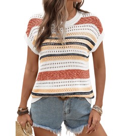 Ivicoer Women Crochet Tops Lightweight Summer Sweaters Vest Hollow Out Plus Size Womens Summer 2025 Orange Stripe XL