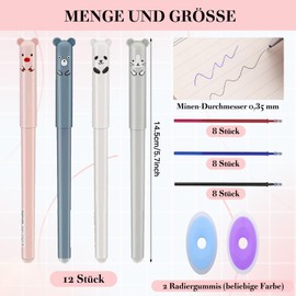 BORISCA Pack of 12 Black Cartoon Erasable Ballpoint Pens with 24 Refills and 2 Erasers, Gel Pens Erasable 0.35 mm Erasable Pens Panda, Erasable Pens Suitable for Adults Children