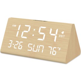 DreamSky Digital Alarm Clocks for Bedrooms - Wooden Desk Clock with Date, Day of Week, USB Port, Temperature, Dimmer for Bedside Table, Living Room, Office, Adjustable Volume, Auto DST, Wood Decor