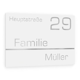 Graviers Design House Number Made of V2A Stainless Steel 215 x 150 mm White Weatherproof Rustproof Individually Adjustable Street Number Family Name Made in Germany